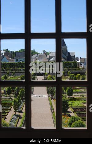 Villandry, Tours, Frankreich. Ein Blick aus der Vogelperspektive auf die berühmten Renaissancegärten des Château de Villandry im Loire-Tal, aus der Vogelperspektive. Stockfoto