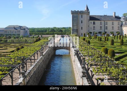 Villandry, Tours, Frankreich. Ein Blick aus der Vogelperspektive auf die berühmten Renaissancegärten des Château de Villandry im Loire-Tal. Stockfoto