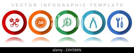 Sammlung von Vektorsymbolen für Fahrzeugwartung und Werkstattvektoren, verschiedene Symbole wie Kolben, Piller, Schraubenschlüssel und Werkzeuge, Infografik-Vorlage in flachem Design Stock Vektor