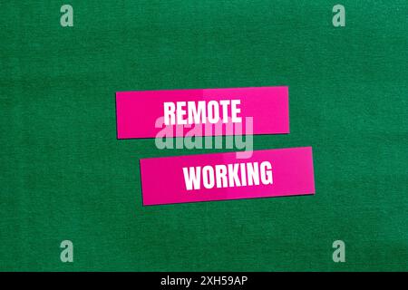 Meldung für die Fernarbeit auf rosafarbenem Papier mit grünem Hintergrund. Konzeptionelles Symbol für Remote Working. Kopierbereich. Stockfoto