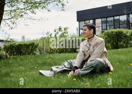 Eine junge Frau mit kurzen Haaren sitzt auf Gras vor einem Gebäude, verloren in Gedanken. Stockfoto