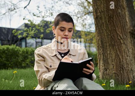 Eine junge Frau mit kurzen Haaren, die in ein Buch eingetaucht ist, während sie stilvoll auf grünem Gras im Freien saß. Stockfoto