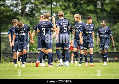 Farum, Dänemark. Juni 2024. Die Spieler des Randers FC wurden während eines Testspiels zwischen dem FC Nordsjaelland und dem Randers FC in Farum gefeiert. Stockfoto
