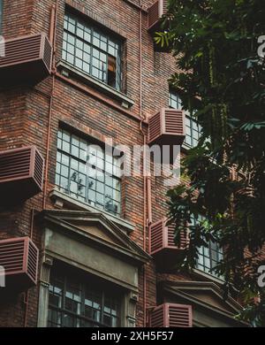 Außenfassade des traditionellen Gebäudes aus nächster Nähe in Shanghai, China Stockfoto