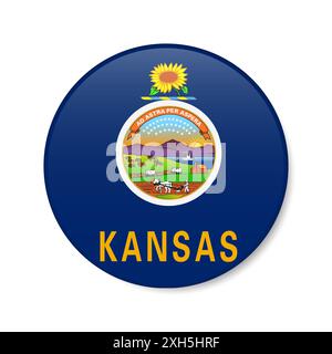 Kansas Flaggensymbol, rundes Abzeichen des US-Bundesstaates mit Schatten. Realistische 3D-Illustration isoliert auf weiß. Stockfoto