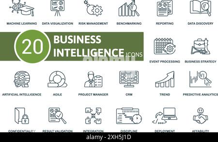 Thin Line-Symbolgruppe für Business Intelligence. Maschinelles Lernen, Datenvisualisierung, Risikomanagement, Benchmarking, Reporting, Datenermittlung, Ereignis Stock Vektor