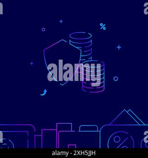 Die Einzahlung ist geschützt, Münzstapel mit Schildgradientenlinie Symbol, einfache Illustration auf dunkelblauem Hintergrund, Bank- und geldbezogene Unterseite b Stockfoto