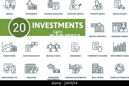 Dünne Linien-Symbolgruppe Investitionen. Anleihen, Altersvorsorge, Sparkonten, Risikokapital, Private Equity, Gold Futures, Mietobjekt, Geschäftsinhaber Stock Vektor