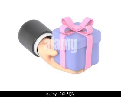 Cartoon Geste Symbol Mockup.3D Symbol Geschenk in der Hand. Zeichentrickarm mit Geste, 3D-Rendering auf weißem Hintergrund. Stockfoto