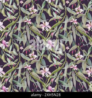 Handgezeichnete Aquarellillustration botanische Blätter. Eierweide Eukalyptus Lorbeerzweig, Clematis lobelia impatiens Jasmin, Orangenblüte Stockfoto
