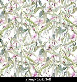 Handgezeichnete Aquarellillustration botanische Blätter. Eierweide Eukalyptus Lorbeerzweig, Clematis lobelia impatiens Jasmin, Orangenblüte Stockfoto