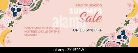 Werbebanner zum Saisonende Sommerangebot, Pastellhintergrund, Bananen, Zitronen, Feigen, Erdbeeren, Heidelbeeren, Blätter und Blumen. Kräftiges weiß und Stock Vektor