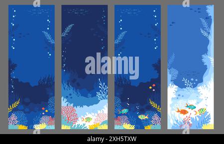 Handgezeichnete Vektorillustration eines Korallenriffs. Satz vertikaler Hintergründe in einer blauen Palette für Lesezeichen, Karten, Einladungen Stock Vektor