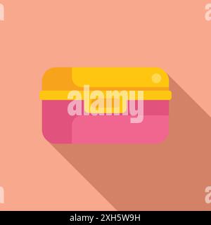 Die rosafarbene Lunchbox mit gelbem Deckel ist verschlossen und bereit für eine Mahlzeit Stock Vektor