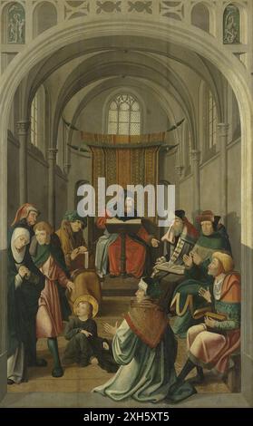 Tafel mit einem Altaraufsatz, auf dem Jesus mit den Ärzten im Tempel streitet (innerer Flügel) und Christus, der seiner Mutter erscheint (äußerer Flügel), Gemälde des Meisters von Alkmaar Stockfoto