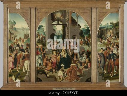 Triptychon mit der Verehrung der Könige (Mitteltafel und Innenflügel), des Abtes St. Antonius (äußerer linker Flügel) und der St. Adrian (äußerer rechter Flügel) Gemälde von Meester van Alkmaar Stockfoto