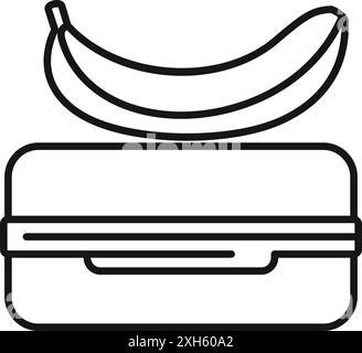 Linienzeichnung einer Banane, die auf einer geschlossenen Lunchbox liegt und einen gesunden Schulsnack oder eine Mittagspause darstellt Stock Vektor