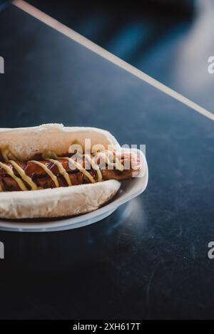 Classic hot dog with mustard and ketchup. Stockfoto