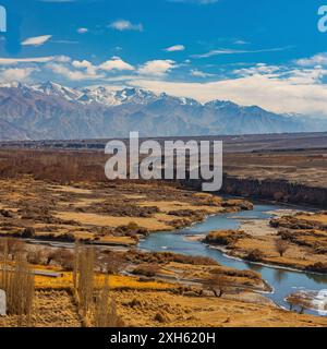 Der Indus River fließt durch trockenes Wintergras mit schneebedeckten Bergen in Ladakh Stockfoto