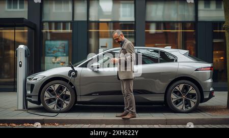 Geschäftsmann, der ein Smartphone benutzt, während sein Elektroauto in der Stadt auflädt Stockfoto