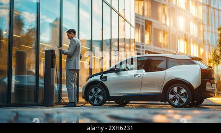 Geschäftsmann, der ein Smartphone benutzt, während er in der Stadt ein Elektroauto auflädt Stockfoto