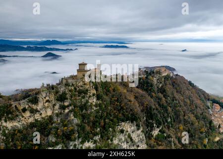 San Marino castle Guaita tower drone aerial view on a cloudy day Stockfoto