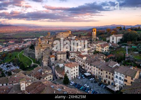 Anghiari village drone aerial view at sunset in Tuscany Stock Photo