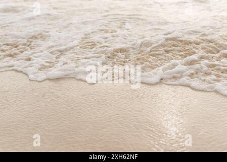 Bubbly white ocean sea foam washing up over a white sand beach. Stockfoto