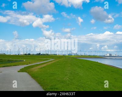 Groningen, Niederlande - 9. August 2023: Blick über einen Deich in Richtung Industriegebiete in der Ems-Mündung Stockfoto