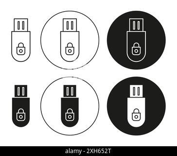 Verschlüsseltes Pendrive-Symbol Vektorsymbol oder Zeichensatz-Sammlung in Schwarzweiß-Umrandung Stock Vektor
