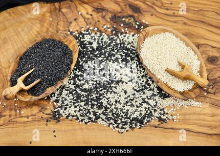 sesamum, Sesam (Sesamum indicum), geschälte und ungeschälte Sesamsamen in kleinen Holzschüsseln mit Holzlöffel Stockfoto