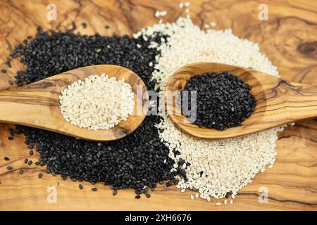 sesamum, Sesam (Sesamum indicum), geschälte und ungeschälte Sesamsamen mit Holzlöffeln Stockfoto