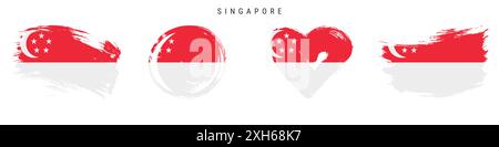 Handgezeichnetes Flaggenset Singapur im Grunge-Stil. Singapurische Banner in offiziellen Farben. Freier Pinsel, Kontur, Kreis- und Herzform. Flaches Abglanz Stockfoto