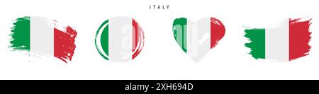 Handgezeichnetes Flaggenset Italien im Grunge-Stil. Italienisches Banner in offiziellen Farben. Freier Pinsel, Kontur, Kreis- und Herzform. Flache Abbildung ist Stockfoto