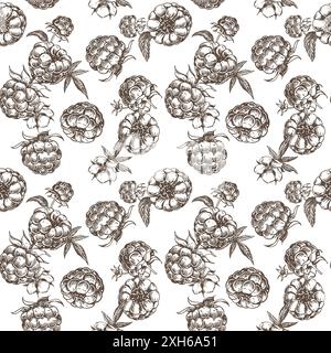 Nahtloses Himbeermuster. Vektorzeichnung. Isolierte Skizze von Beeren und Blättern im Stilstil auf weißem Hintergrund. Detaillierte Linienskizze, Hand d Stock Vektor