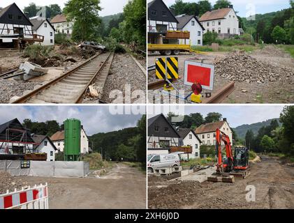 PRODUKTION - 12. Juli 2024, Nordrhein-Westfalen, Urft: KOMBO - am 16. Juli 2021 (l, oben) liegt ein Wagen auf einem ausgebauten Gleis der Eifelbahn zwischen Köln und Trier, nachdem die Urft ihr Ufer geplatzt hat. Ein Jahr später (09.06.2022, r, oben) enden die Gleise vor einem Schutthaufen. Im zweiten Jahr (05.07.2023, l, unten) sind keine Gleise mehr zu sehen; links von der Strecke befindet sich eine Baustelle. Im dritten Jahr (12.07.2024, r, unten) befindet sich ein Bagger auf der Strecke, der umgebaut wird. In der Nacht vom 13. Auf den 14. Juli 2021 kam es zu starken Regenfällen Stockfoto