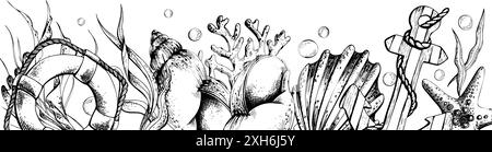 Meerestiere mit Anker, Rettungsschirm und Lenkrad. Abbildung einer grafischen Strichgrafik in Schwarzweiß, handgezeichnet. Horizontale Platine für Stock Vektor