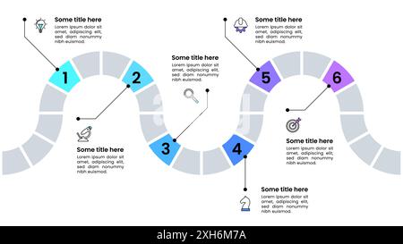 Infografik-Vorlage mit Symbolen und 6 Optionen oder Schritten. Zickzacklinie. Kann für Workflow-Layout, Diagramm, Banner und Webdesign verwendet werden. Vektorabbildung Stock Vektor