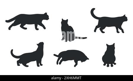 Set von Katzensilhouetten isoliert auf weißem Hintergrund. Verschiedene Katzenstellungen. Die Katze liegt, sitzt, geht, steht. Vektorabbildung Stock Vektor