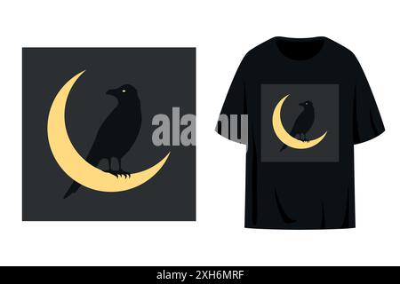 T-Shirt-Print mit schwarzer Krähe auf einem Halbmond. Logo mit Raven auf sichelförmigem Emblem. Vektorabbildung Stock Vektor