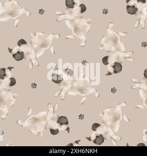 Nahtloses Muster von Tierhunden und Pfoten für Kinder. Handgezeichnete Illustration eines Mops, der auf isoliertem Hintergrund läuft oder springt. Minimalistisch Skandinavisch Stockfoto