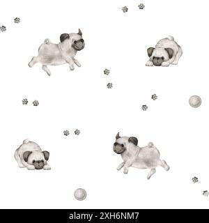 Nahtloses Muster von Tierhunden und Pfoten, Ball für Kinder. Handgezeichnete Illustration eines Mops, der auf isoliertem Hintergrund läuft oder springt. Minimalistisch Stockfoto