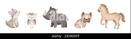 Set von Zeichentricktieren. Handgezeichnete Illustration von beiger französischer Bulldogge und Pferd. Sammeltier von grauem Wolf und Eule. Clipart für Kinder Stockfoto