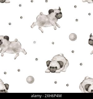 Nahtloses Muster von Tierhunden und Pfoten, Ball für Kinder. Handgezeichnete Illustration eines Mops, der auf isoliertem Hintergrund läuft oder springt. Minimalistisch Stockfoto