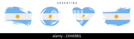 Argentinien handgezeichnetes Flaggenset im Grunge-Stil. Argentinisches Banner in offiziellen Farben. Freier Pinsel, Kontur, Kreis- und Herzform. Flaches Abglanz Stockfoto