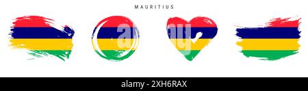 Mauritius handgezeichnete Flaggen im Grunge-Stil. Mauritische Banner in offiziellen Farben. Freier Pinsel, Kontur, Kreis- und Herzform. Flachillustrat Stockfoto