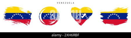 Venezuela handgezeichnete Flaggen im Grunge-Stil. Venezolanisches Banner in offiziellen Farben. Freier Pinsel, Kontur, Kreis- und Herzform. Flache Illustra Stockfoto