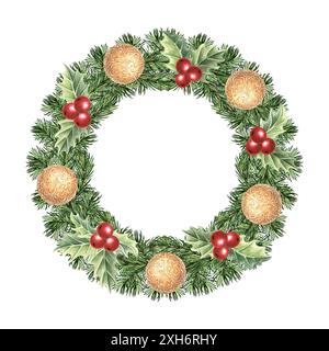 Weihnachtskranz aus Fichtenzweigen mit stechpalmenzweigen und goldenen Kugeln. Runder Rahmen aus Kiefernzweigen. Neujahrsdekoration. Handgezeichnetes Aquarell Stockfoto