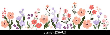 Horizontaler Hintergrund mit schönen bunten Blumen und Blättern. Botanische flache Vektorillustration des Frühlings auf weißem Hintergrund für Banner, Flyer Stock Vektor