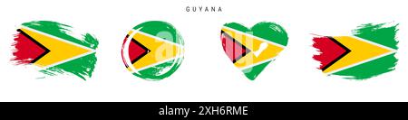 Guyana handgezeichnete Flaggen im Grunge-Stil. Guyana-Banner in offiziellen Farben. Freier Pinsel, Kontur, Kreis- und Herzform. Flache Abbildung Stockfoto